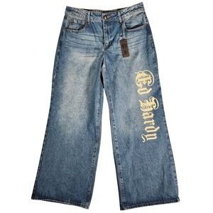 ED HARDY Women's Size 32 Blue Wide Leg Jeans Tattoo Print Embellished WEHD8500-2